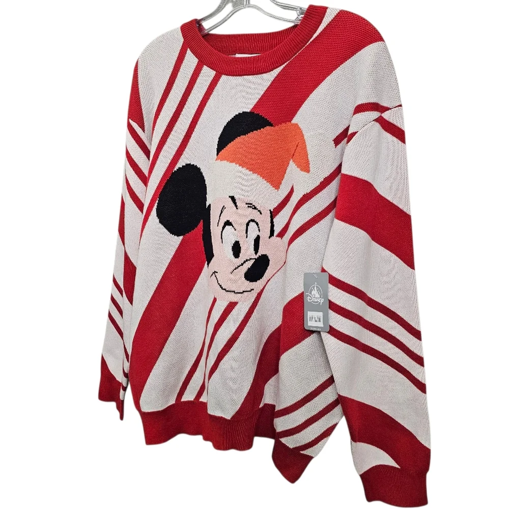 Nwt Disney Candy Cane Stripe 2023 Mickey Mouse Face Longsleeve Pullover Sweater
